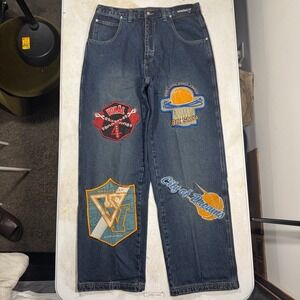 Y2K Vokal Jeans Mens 36x33 Baggy Embroidered Basketball Patches Skater VTG